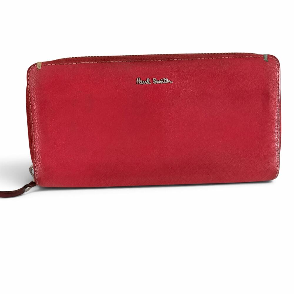 Paul Smith Real Goatskin Leather Red Zip Around Long Wallet Silver Hardware